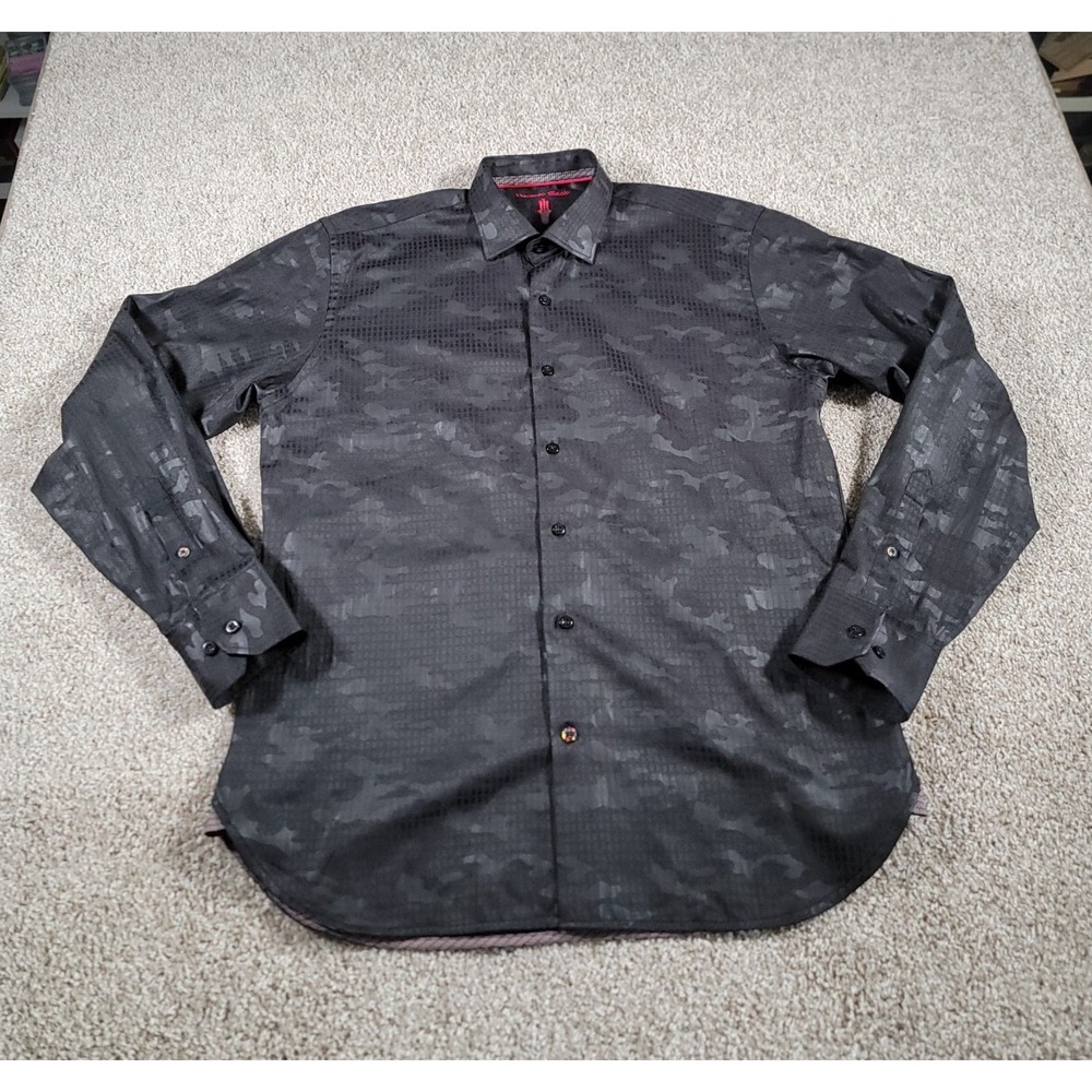 Luchiano Visconti Black Mens Shirt Button Up Large Camo Print Long Sleeve Casual